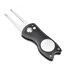 Metal Foldable Golf Divot Repair Tool with Pop-up Button & Magnetic Ball Marker