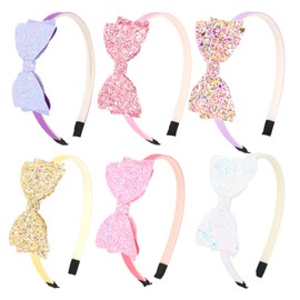 KIUEZIR 6 Packs Glitter Bow Headbands for Women - Sparkling Hair Accessories with Non-Slip Teeth & Stretchable, 6 Colors (Lavender/Pink/Dark Pink/White/Gold/Purple) for Everyday & Party Hairstyles