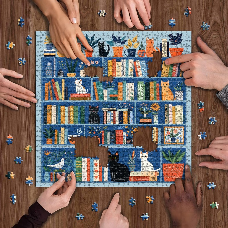 Cat Bookshelf Puzzle for Adults 1000 Pieces, Kitty Book Puzzle