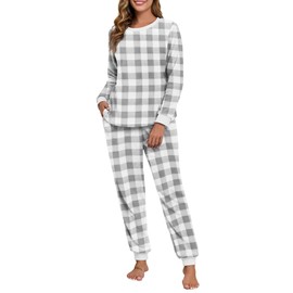 PrinStory Fluffy Pajamas for Women Soft Fleece Warm Pajama Set Fuzzy Pjs Winter 2 Piece Flannel Lounge Sets with Pockets FP-Gray Small Plaid-M