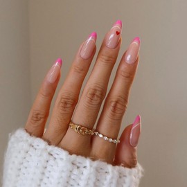 Valentine's Day Press on Nails Medium Almond Fake Nails Pink Heart False Nails Pink French Tip Glue on Nails Full Cover Glossy Acrylic Stick on Nails Nude Artificial Nails for Women Nail Decoration