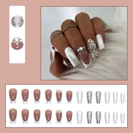 JUSTOTRY 24 Pcs Coffin Glitter Press on Nails Long with 3D Rhinestone Diamond,Milky White French False Nails Patterns, Ballerina Stick on Nails for Women,Acrylic Ballet Fake Nails Medium with Glue for Nail Art