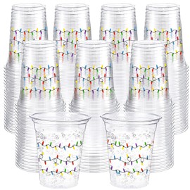 100 Pack 16 oz Christmas Clear Plastic Cups with Lights Design