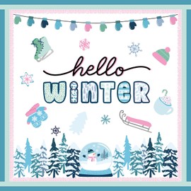 JarThenaAMCS 79Pcs Winter Bulletin Board Decor Xmas Tree Paper Cutouts with 200Pcs Glue Points Pink Blue Bulletin Border Stickers for Christmas Party Home Classroom Wall Decor