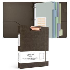 Ospelelf 1 Inch 3 Ring Binder Vintage Hardcover, Leather Clipboard Organizer for Letter Size, Professional Binder with Dividers and Tabs, Brown