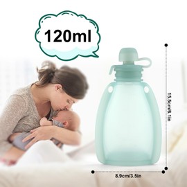Baby Food Pouch, Silicone Reusable Squeeze Pouches for Kids BPA-Free Baby Feeding Pouch for Self-Made Fruit Puree Juice Yogurt 120ml (Green )