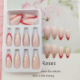 24 Pcs Medium Press on Nails Almond Sun Red French Tip Nails Acrylic False Nails with Design Gold Leaf Fragments Glossy Fake Nails Reusable Stick on Nails for Women and Girls