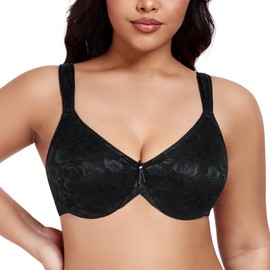 Lemorosy Women's Full Cup Mimimizer Bra Size Sizes Jacquard Underwired Unpadded Comfort Classic Bra, black