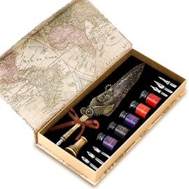 CunMei Vintage Punk Quill Pen Ink Set-Mechanical Quill Pen,5 Color Ink Calligraphy Pen Ink Set,6 Replaceable Dip Pen Nibs-Basic Calligraphy Kit-for Beginners and Calligraphy Lovers (Grey)