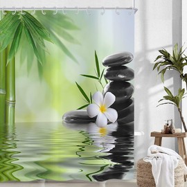 Hnmdmyi Zen Garden Shower Curtain, 180 x 200 cm, Spa Green Bamboo, Black Stone, White Flower, Bathtub Curtain, Japanese Meditation, Relaxing, Waterproof, Polyester Fabric, Washable Bath Curtain with