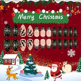 Christmas Green Press on Nails Medium Almond Fake Nails Snowflake False Nails with Designs Matte Winter Xmas Acrylic Nails Christmas Glue on Nails Full Cover Artificial Nails for Women 24Pcs