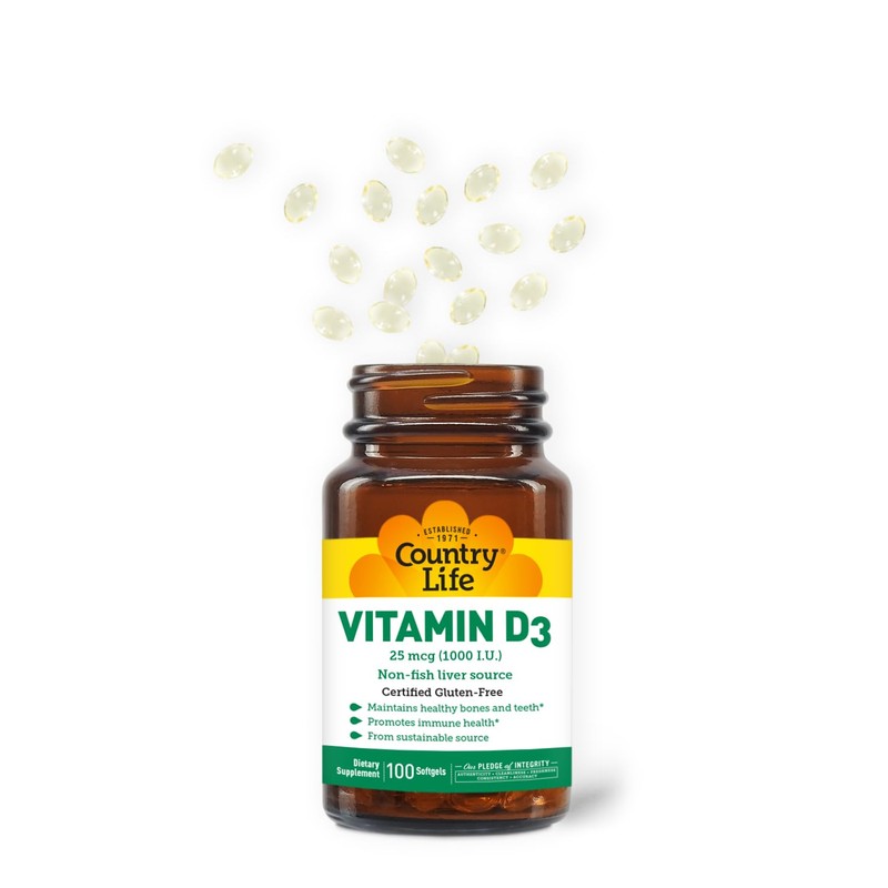 Country Life Vitamin D3, Non-Fish 1000 IU, 100 Softgels, Certified