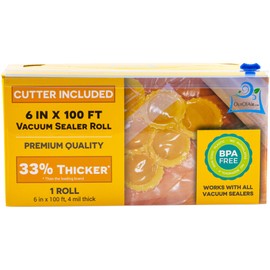 6" x 100' Mega Roll & Cutter Box Vacuum Sealer Bags Roll (No More Scissors) 4 mil 100 Foot OutOfAir, 33% Thicker, BPA Free, Sous Vide, Commercial Grade, Works with FoodSaver Sealers