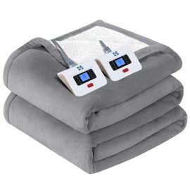 Sealy Electric Blanket Queen Size, Flannel & Sherpa Heated Blanket with 10 Heat Setting & 1-12 Hour Auto Shut Off, Fast Heating Blanket, Machine Washable, Light Grey, 84 x 90 Inch