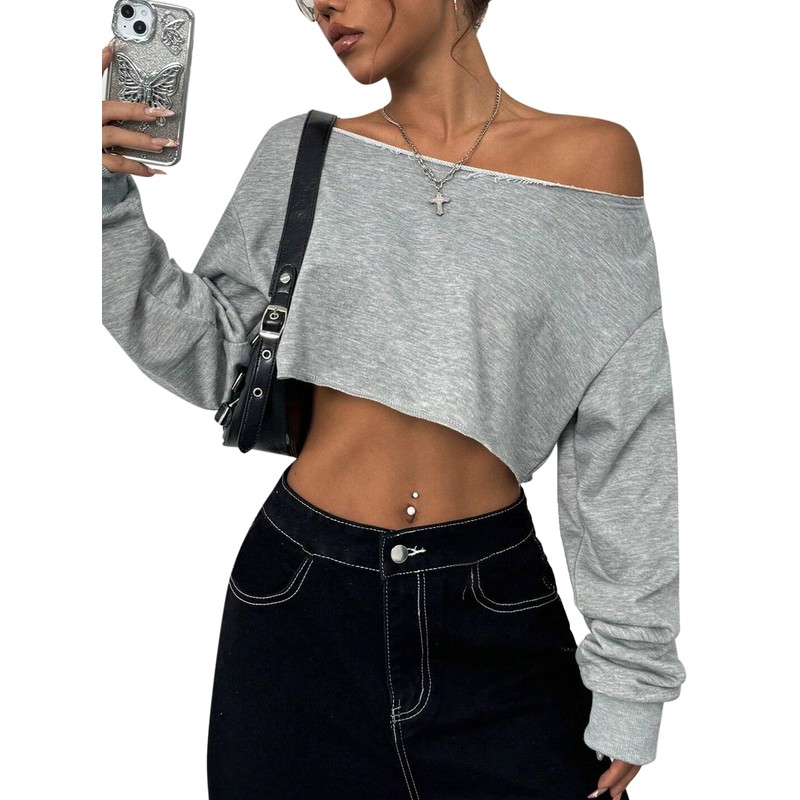 Remidoo Women's Off the Shoulder Cropped Sweatshirt Asymmetrical Neck Long