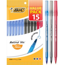 BIC 954029 Round Stic Ballpoint Pen Medium Point (1.0 mm)- Assorted Ink, Pouch of 15 Pens