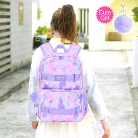 3Pcs Tie Dye Backpack for Girls, 17 Inch School Bookbag with Lunch Box, Durable Laptop Backpack Set for Teens College(Purple)