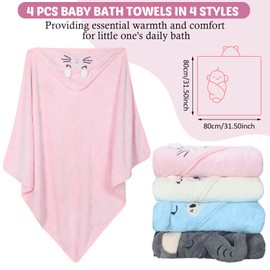 Eccliy 4 Toallas de Baño de Vellón de Coral para Bebé Toallas de Baño para Bebé con Cara de Animal Lindo Capa de Poncho de Toalla para Niño y Niña