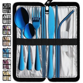 VANDBAO Portable Travel Utensils, Reusable Silverware with Case for Fixing Tableware, 9 Pieces Stainless Steel Stable Flatware Set, Camping Picnic Cutlery Set (Blue Set)