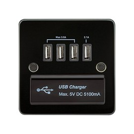 Knightsbridge FPQUADGM FPQUAD FPAVQUADGM Flat Plate 1G Quad USB Charger Outlet 5V Dc 5.1A-Gunmetal, Gun Metal-Black Insert