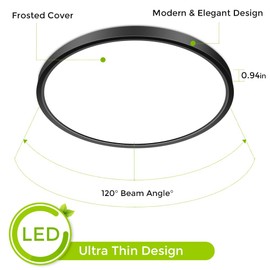 9 Inch Flush Mount LED Ceiling Light Fixture, Black 2800K Warm White, 18W(180W Equiv) Flat Round Modern Ceiling Lighting, 1800LM Ceiling Lamp for Bathroo, Porch, Kitchen, Bedroom, Closet Room