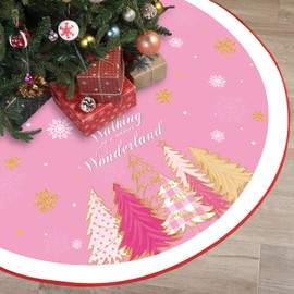 Tiamon 48 Inch Pink Christmas Tree Skirt Large Double Layer Xmas Tree Decoration Merry Christmas Tree Skirt Mat Decor for Winter Holiday Party Christmas Decorations Supplies