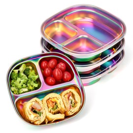 AIEVE Stainless Steel Kids Plates, Pack of 4 Stainless Steel Divided Toddler Plate with Lids