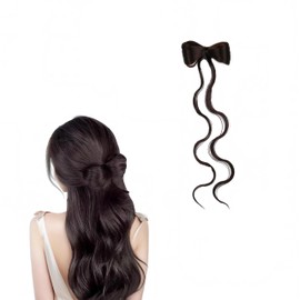 Cute Bow Ponytail Wig Curly Drawstring Ponytail Clip-on Hair Bun Extension Clips for Women - 12'' Length Tail, Dark Brown