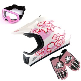 WOW Youth Kids Motocross Helmet BMX MX ATV Dirt Bike Helmet Pink Flower + Goggles + MG Youth Pink Glove Bundle
