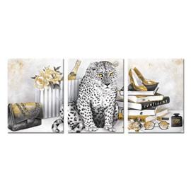 Kalormore Leopard Black and White and Yellow Glam with Books High Heel Shoes Perfume Canvas Prints Wall Art Decor Fahion Pictures Gift for Women Bedroom Bathroom Decoration Ready to Hang