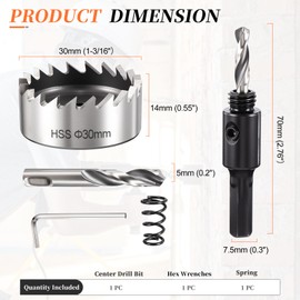 METALLIXITY Hole Saw Kit 30mm (1-3/16"), 4241 High Speed Steel Hole Cutter with Center Drill Bit, Hex Key and Spring - for Soft Metal, Wood, Plastic, Plasterboard, PVC Boards, Silver