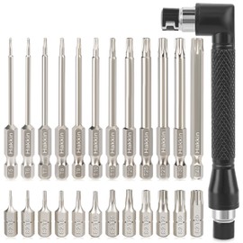 Torx Bit Set Hakkin 24Pcs Torx Screwdriver Sets S2 Steel Magnetic Torx Security Bit Set with Right Angle Screwdriver for Tight Space Operation 25mm 75mm T5-T40 Tamper Proof Torx Set