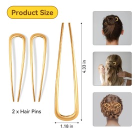 2 Pcs French Hair Pin for Women, 4.4 Inch Metal U-Shaped Hair Clip, Hair Pins Suitable for Different Hairstyles, Gold