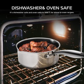 VINCHEF 2L Stainless Steel Saucepan with Double Spouts, Ceramic Nonstick Coating, Glass Lid, Even Heating, Easy Clean, Sauce Pot All Stoves, Anti Scratch