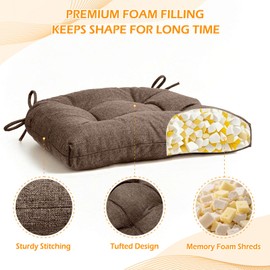 Kyaringtso Chair Cushions for Dining Chairs Set of 4, Non Slip Indoor Kitchen Chair Cushions with Ties, Tufted Memory Foam Seat Chair Pads, 17" x 16" x 3", Dark Coffee