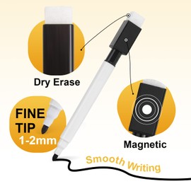 VEYLIN Small Whiteboard Pens, 10PCS Black Dry Wipe Whiteboard Marker Pens with Eraser Fine Tip Whiteboard Pen for Kids