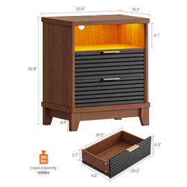 AOGLLATI Fluted Night Stand with Charging Station and 2 Drawers, Black Nightstands Beside Table with Open Storage and Led Lights,Retro End Side Table for Bedroom (1, Black)