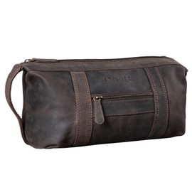 STILORD "Bruno" Men's Wash Bag Vintage Leather Travel Toilet Bag Toilet Kit with Wrist Strap 2 Compartments Overnight Wash Gym Bag
