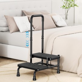 2 Step Stool with Handle for Elderly, Heavy Duty Step Stool with Adjustable Handrail, Non-Skid Platform and 4 Fixing Buckle, Bed Steps for High Beds for Adults, Seniors, Hold up to 400LBS