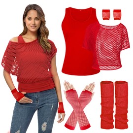 WILDPARTY Women's ‘80s/‘90s Outfit, Fishnet T-Shirt, Sleeveless Top, Leg Warmers, Fishnet Gloves, ‘80s Costume, Fishnet Top, Women's Tops, Neon T-Shirt, ‘80s Aerobics Outfit, Clothing Themed Party,