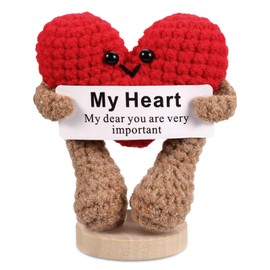 ASMPCUE Positive Heart Crochet Doll with Base, Emotional Support Love Heart with Positive Card Cure Crocheted Doll, Knitted Dolls Plush Cheer Up Xmas Decor, Birthday Party Gifts for Lovers Friends