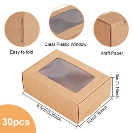 BENECREAT 30 Pack 3.3x2.3x1inch Rectangle Brown Kraft Paper Boxes with Clear Window for Wedding Party Favor Treats, Bakery, Valentine's Day Jewelry Gift Packaging