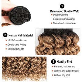 1b/27 Human Hair Bundles Ombre Hair Bundles Kinky Curly Wave 3 Bundles Honey Blonde Bundles Hair 10 10 10 Inch Brazilian Hair Bundles Double Weft Extension for Balck Women 100g/Pc