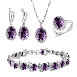 LMXXVJ Women's Jewelry Sets-Amethyst Purple Cubic Zirconia Stone Necklace Earrings Ring Bracelet Bridal Jewelry Set Gifts,Silver-Tone|Size 9|