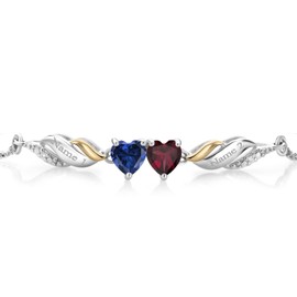 Gem Stone King 925 Silver and 10K Yellow Gold Blue Created Sapphire Red Rhodolite Garnet and White Lab Grown Diamond Tennis Bracelet For Women (1.07 Cttw, Fully Adjustable Up to 9 Inch)