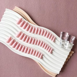 KQueenest 48 Pcs Dusty Pink Press on Nails Almond Medium, Pink Nails Press on, Solid Color Medium Fake Nails Acrylic, Natural Glue on Nails Stiletto, Gel Stick on Nails for Women Finger Wear