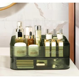Makeup Organizer for Vanity, Large Desk Organizer with Stackable Drawer for Cosmetics, Skincare, Lipsticks, Eyeshadow Palette, Nail Care, Ideal Storage for Dresser and Bathroom Countertop-Green