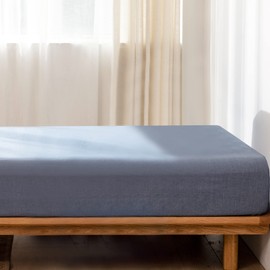 MooMee Fitted Bottom Sheet Only 100% Washed Cotton Linen Like Textured Breathable Durable Soft Comfy Deep Pocket Fits Mattress up to 17" (Blue, King)