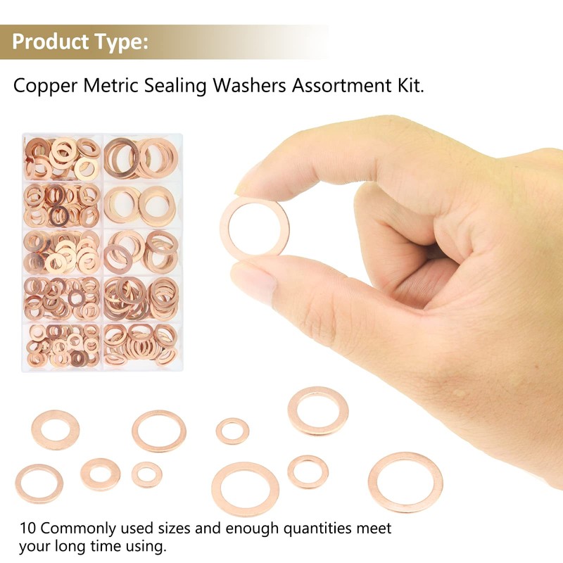 225 Pieces Copper Metric Flat Washers, Sealing Washers, Kindroufly 10