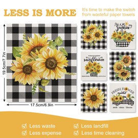 AnyDesign Sunflower Swedish Kitchen Dishcloth Watercolor Spring Summer Floral Cotton Kitchen Towel White Black Buffalo Plaids Absorbent Dish Towel for Housewarming Cleaning Wipes, 6Pcs, 7 x 8